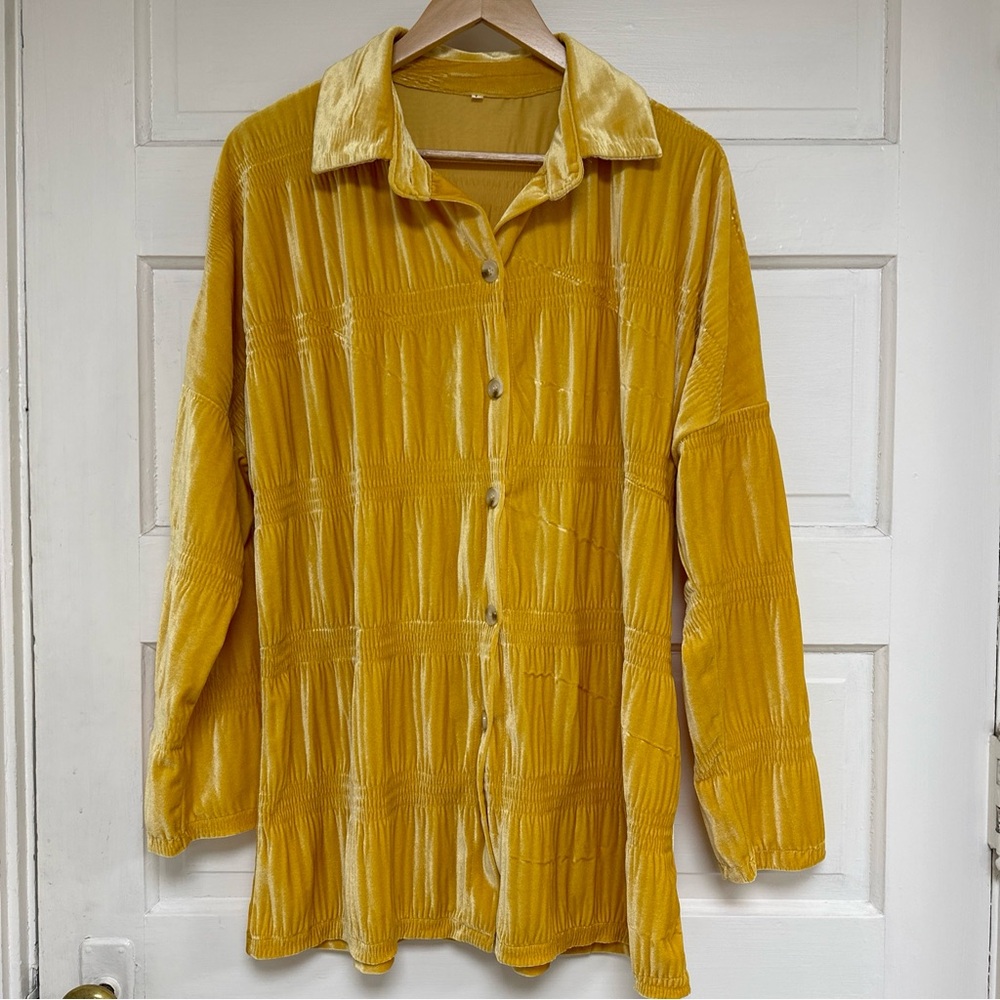 Yellow Gold Velvet Button Down Shirt Blouse Long Sleeve Large